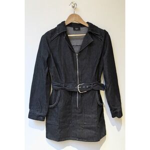 Vici Distressed‎ Black Denim Zip-Up Long Sleeve Belted Mini Dress Darling NWOT